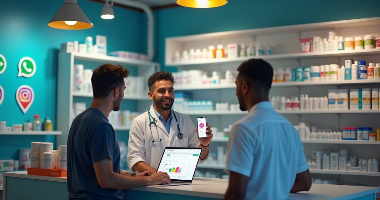 Farmacêutico atendendo cliente no balcão com smartphone e laptop mostrando gráficos de vendas digitais